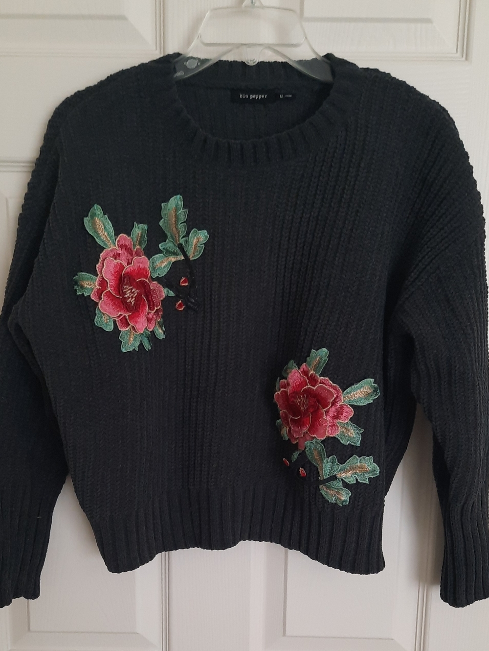 Blu Pepper Charcoal Crewneck Sweater with Pink Floral Embroidery
